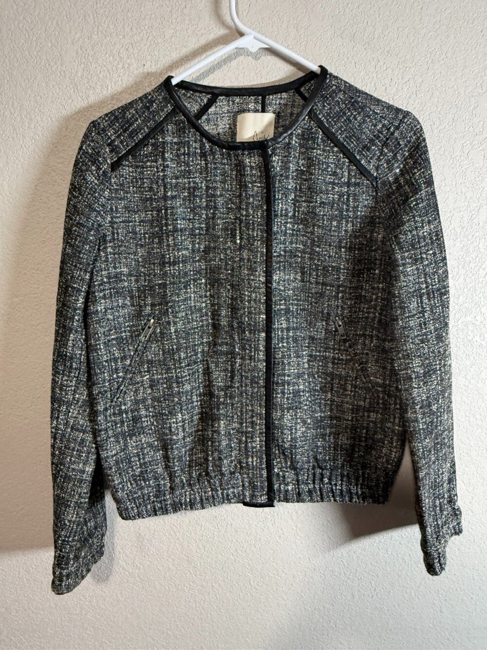 Womens Joie Metallic Black Tweed Bomber Jacket Faux Leather Trim Zip Size M